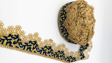Gold Sheer Tissue Fabric Cutwork Trim with Embroidery in Gold and Navy Blue, Scallop Trim, Fringe Trim